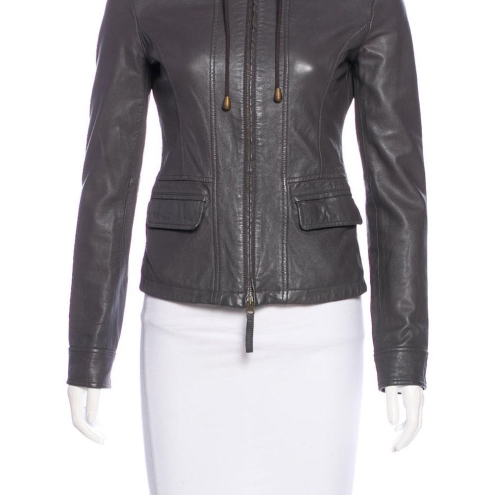 Joie Dark Gray Leather Hooded Jacket